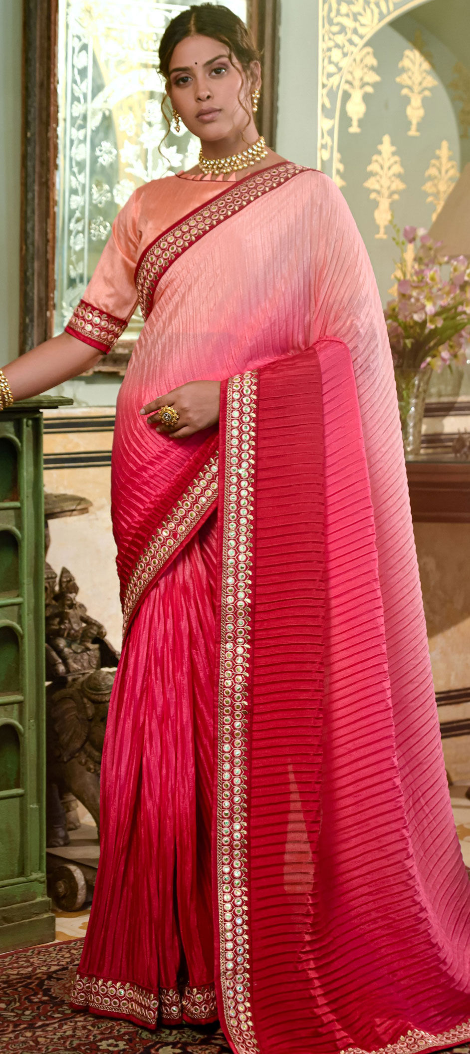 Buy Pink Silk Chinnon Pre-draped Pant Saree With Blouse For Women by Ranian  Online at Aza Fashions.