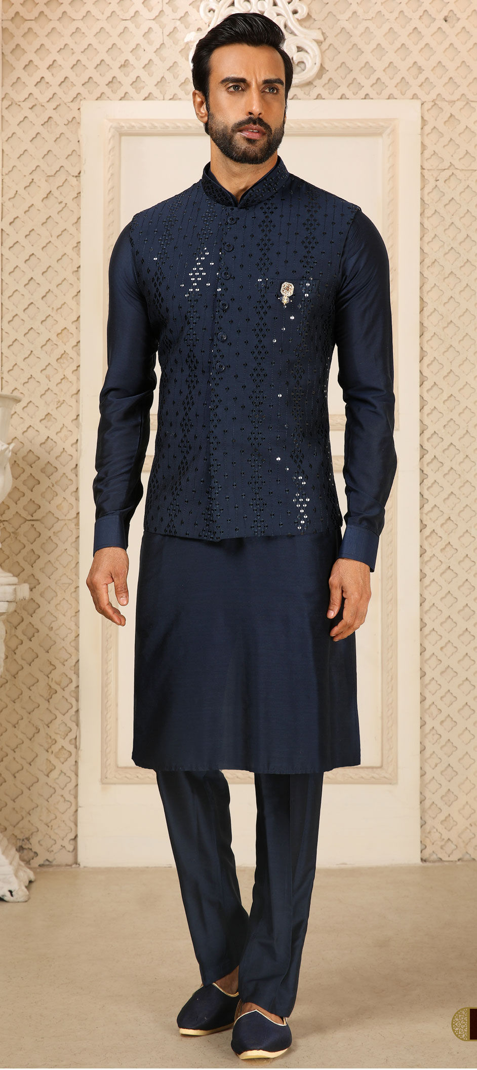 Dark Blue Kurta with Printed Panel and White Pyjama