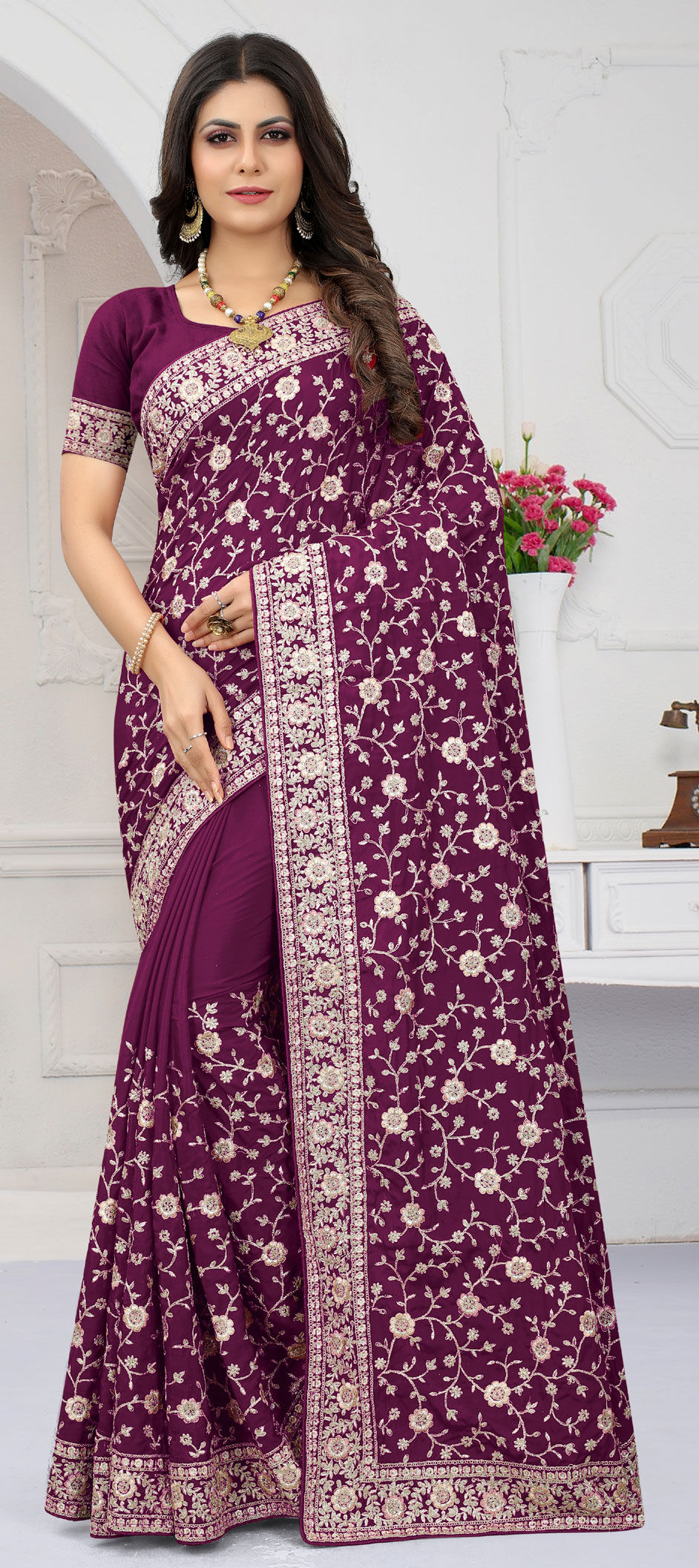 Purple & Beige Crepe Silk Normal Drape Saree