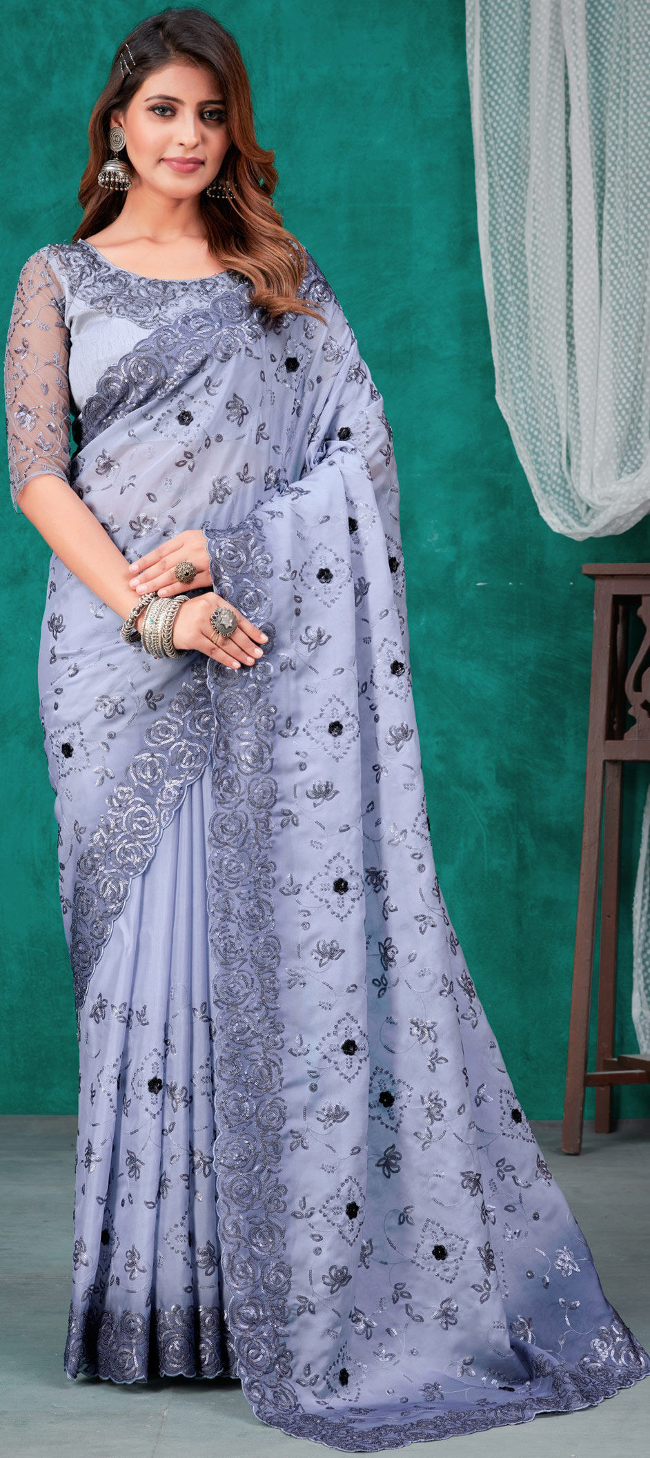 Designer, Party Wear Black and Grey color Organza Silk fabric Saree