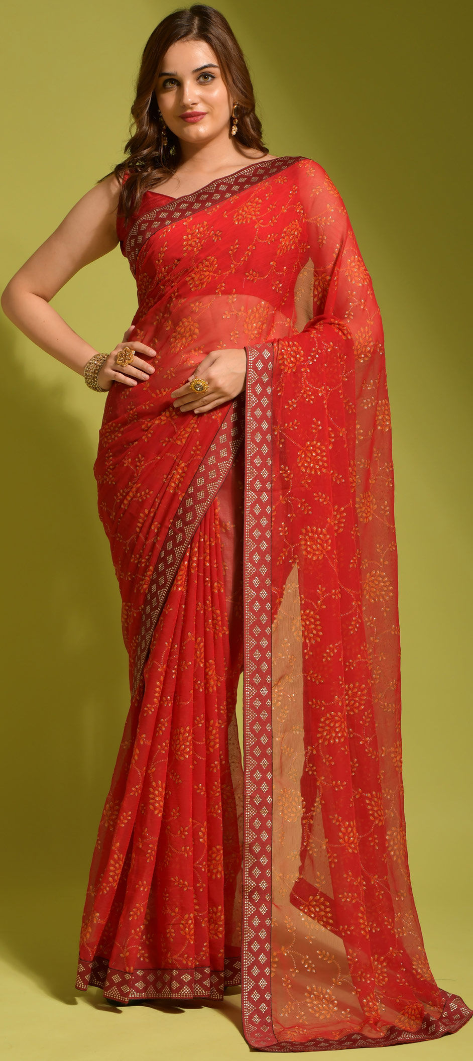 Saffron Sunset  (Handpainted Chiffon Saree - Orange)
