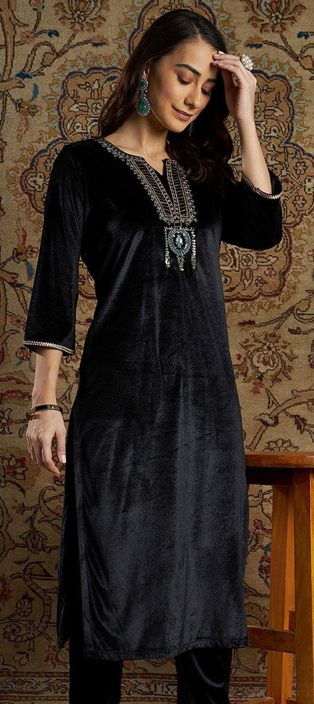 Party Wear Black and Grey color Velvet fabric Kurti 1836593