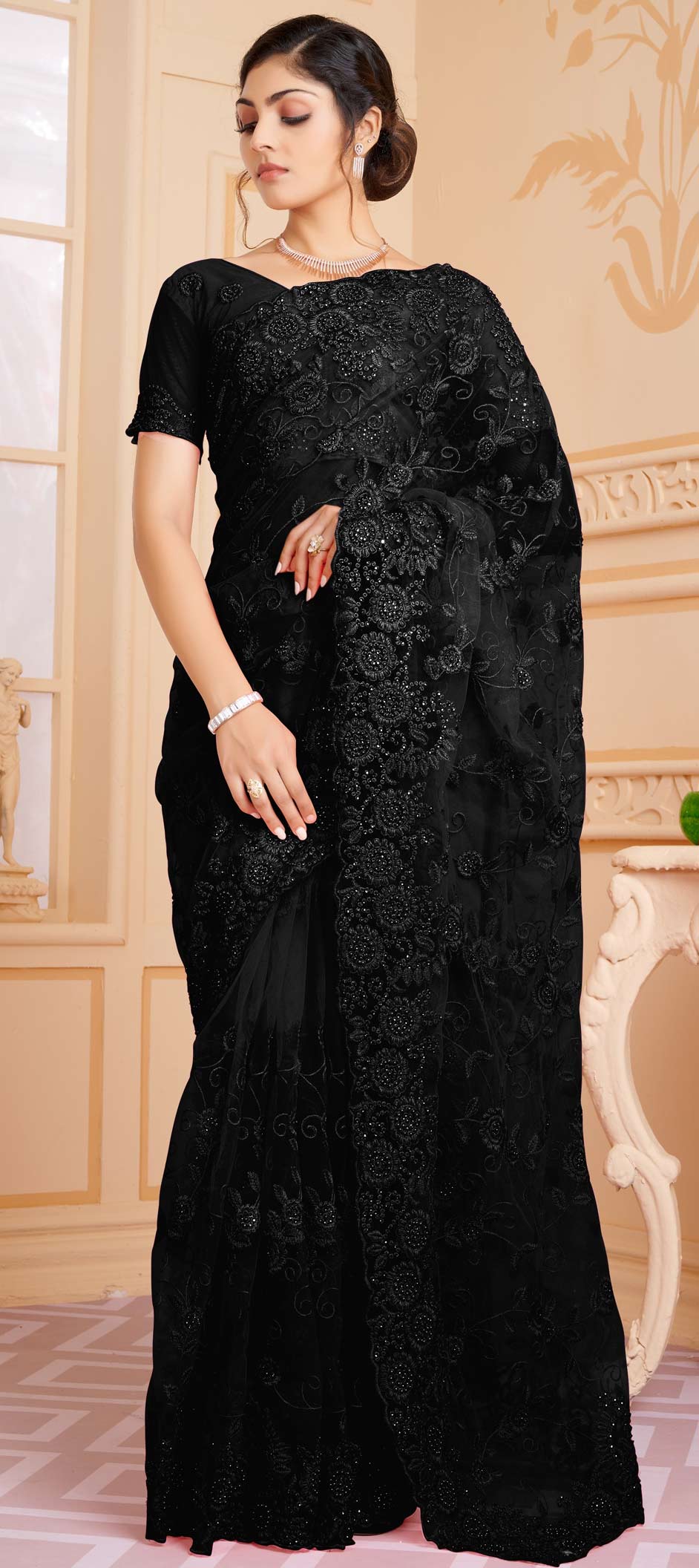 Black Lace Saree with Stone Work