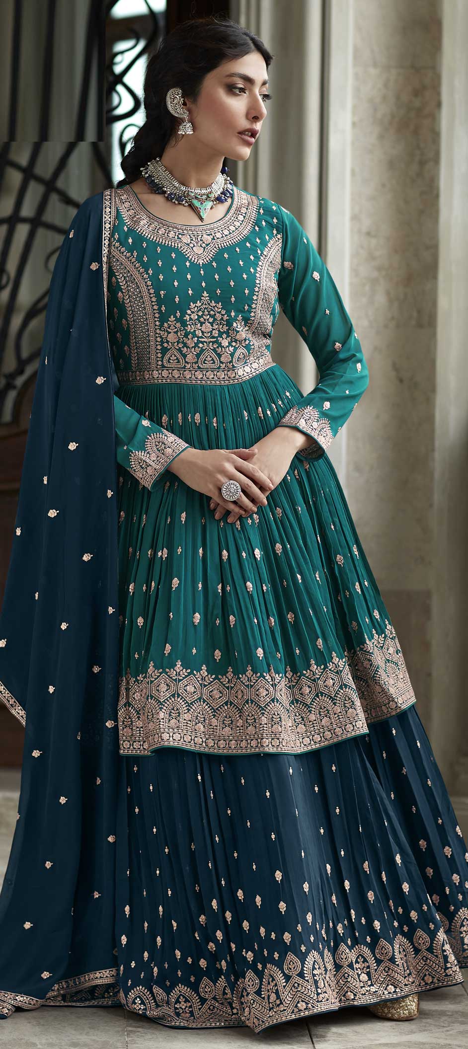 Engagement, Mehendi Sangeet, Reception Blue color Georgette fabric