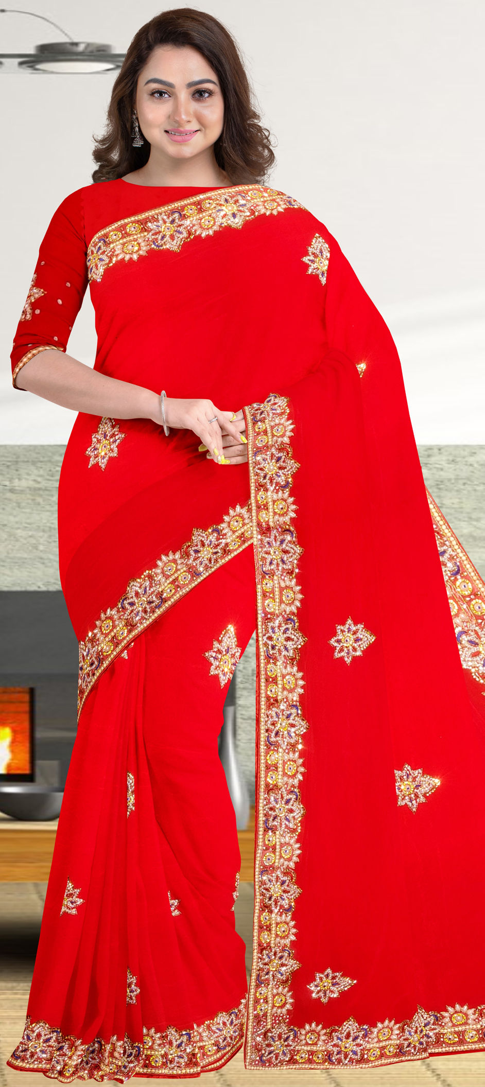 Bridal Wedding Red and Maroon color Georgette fabric Saree 1838978