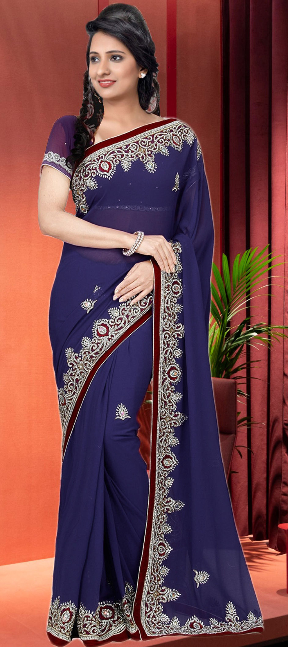 Bridal Wedding Blue Color Georgette Fabric Saree 1838994