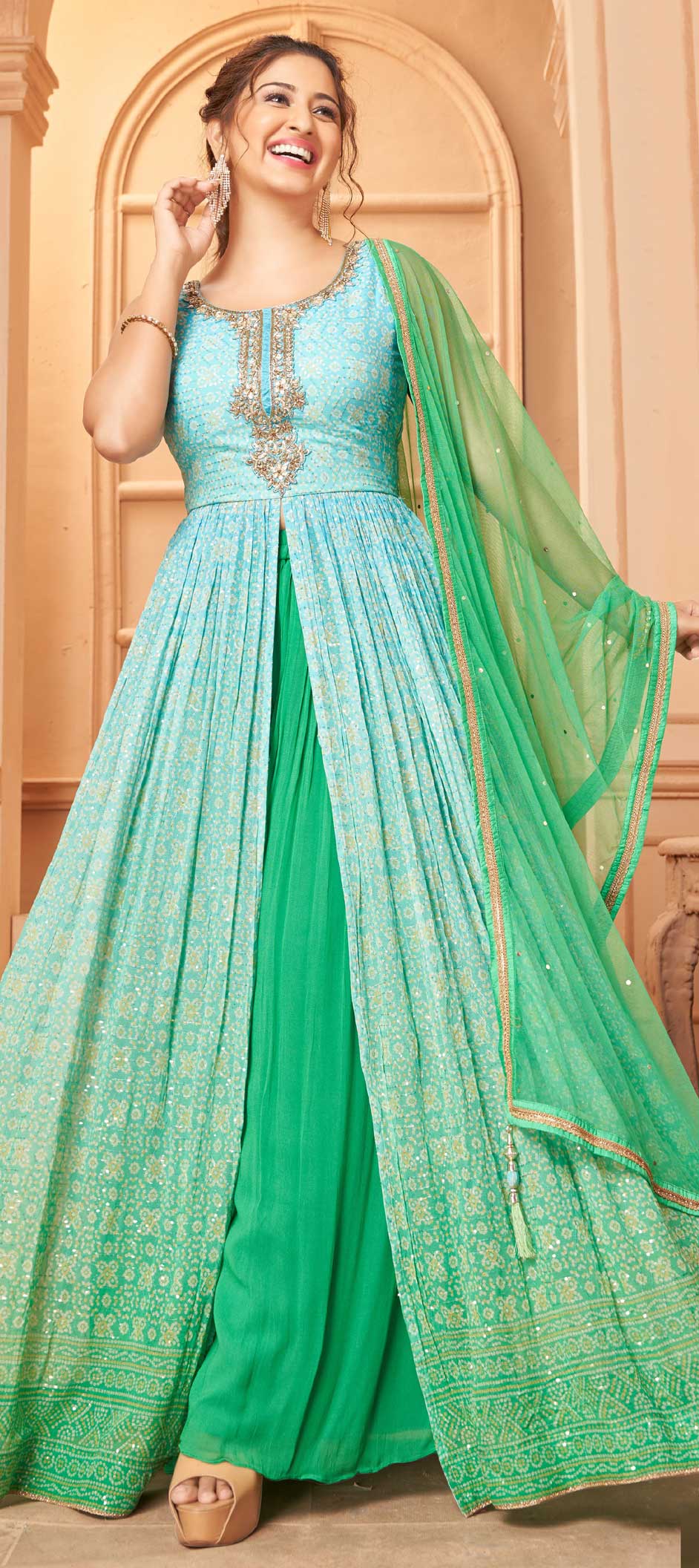 Festive, Mehendi Sangeet, Reception Blue, Green color fabric Salwar Kameez 1839244