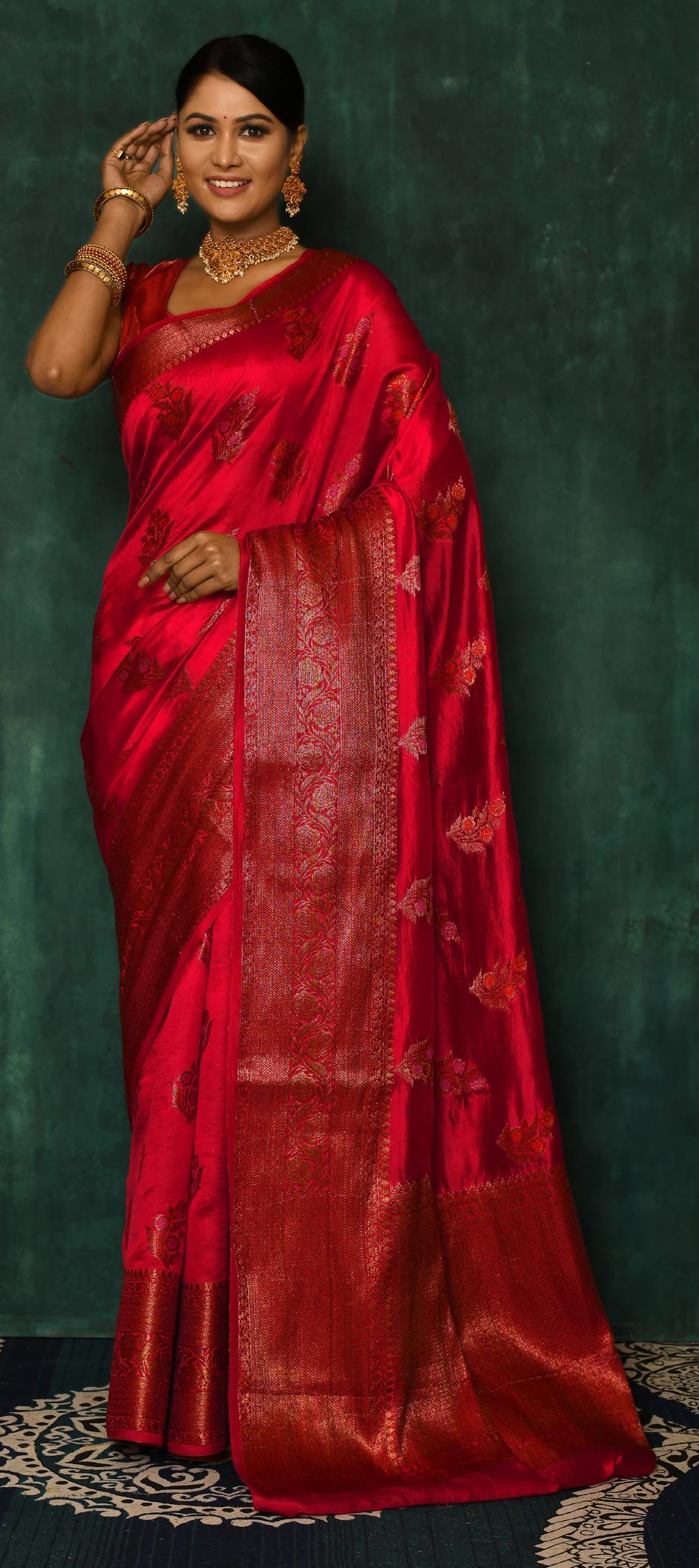 Red Silk Saree with Maroon Border main image 1