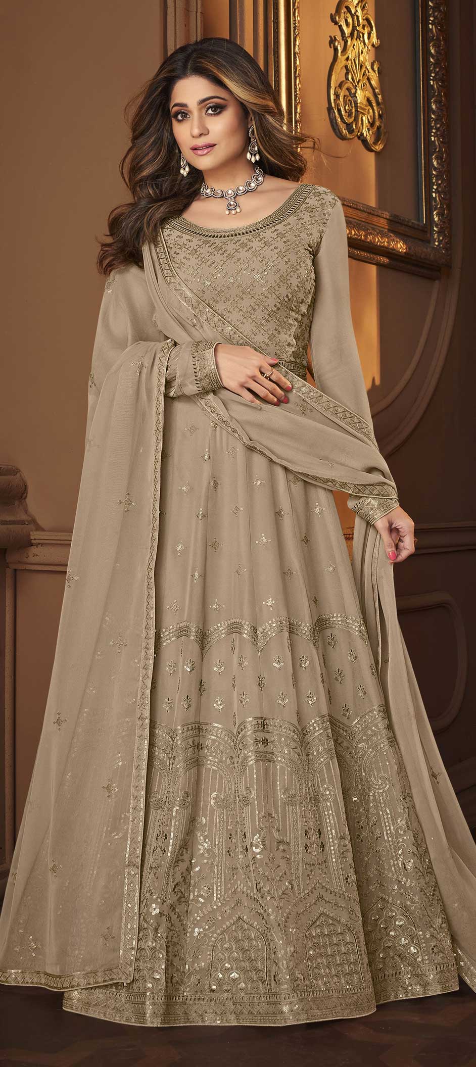Bollywood Beige and Brown color Georgette fabric Salwar Kameez : 1839903 Bollywood Beige and Brown color Georgette fabric Salwar Kameez : 1839903