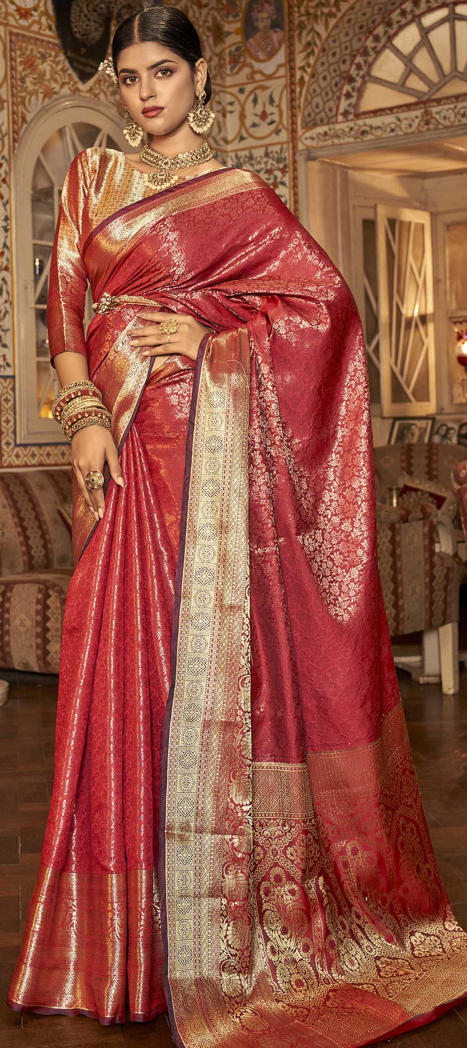 BRIDAL KANJEEVARAM HALF SAREE IN MAROON AND SILVER