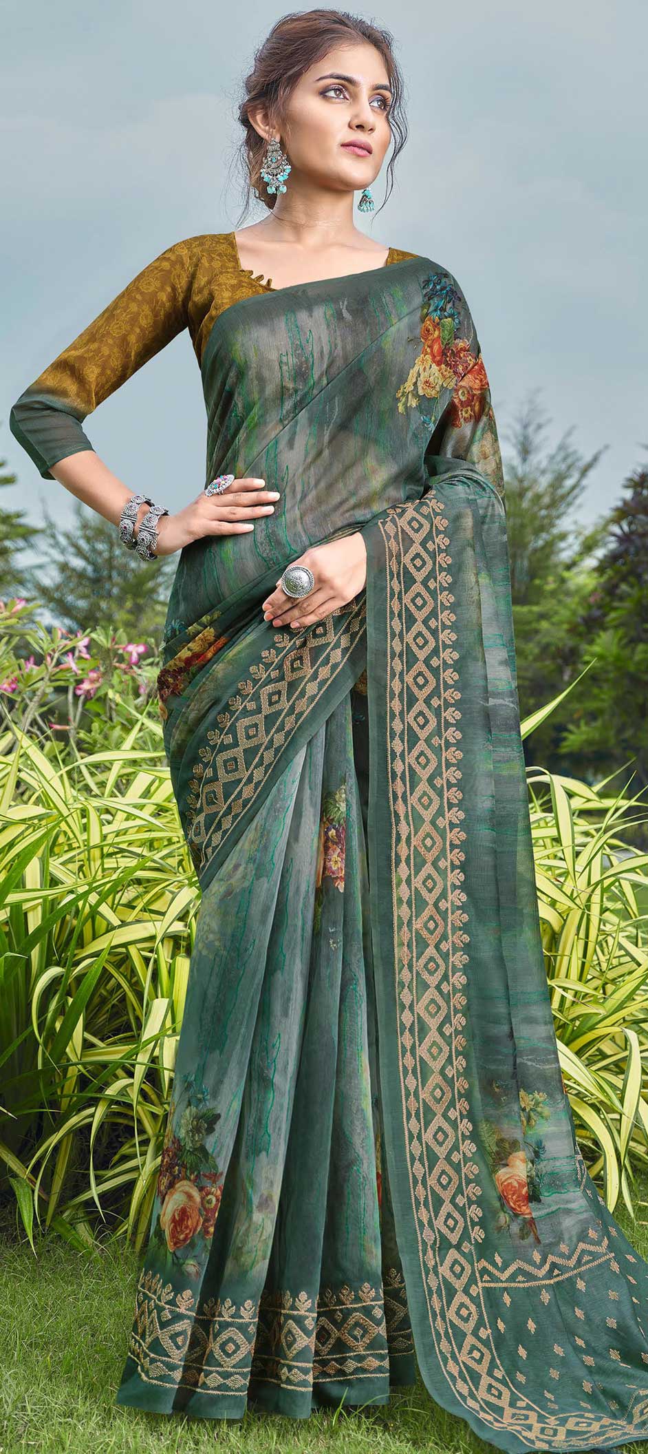 Festive, Party Wear Green color Linen fabric Saree 1841666