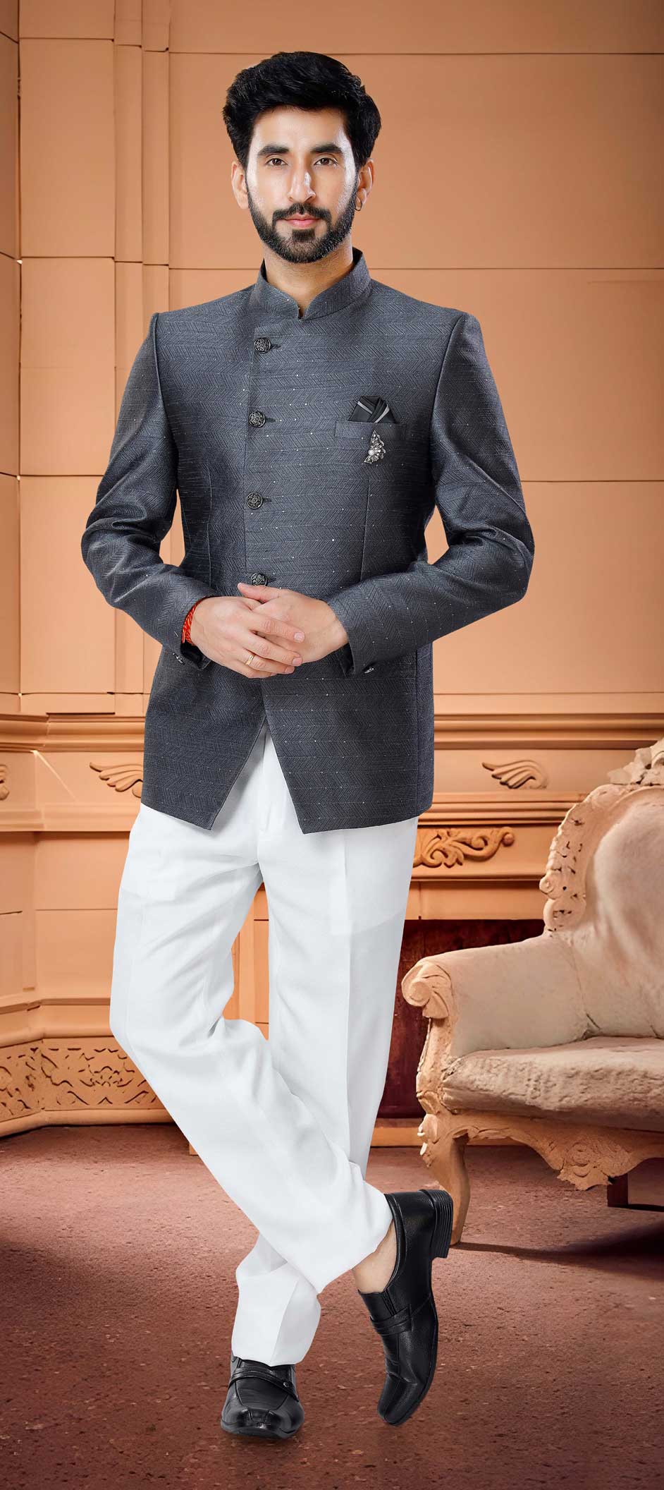 Black and Grey color Jacquard fabric Jodhpuri Suit 1841792