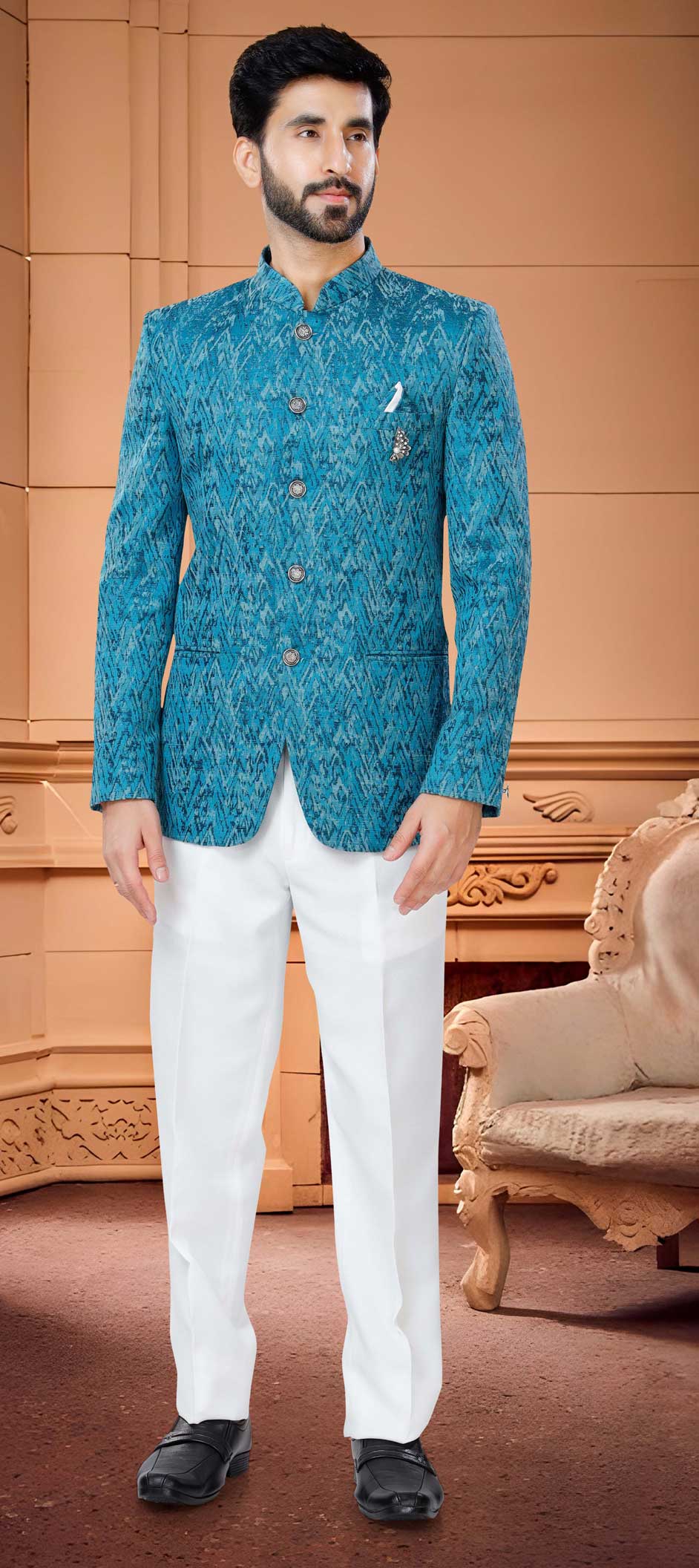 Blue color Jacquard fabric Jodhpuri Suit 1841801