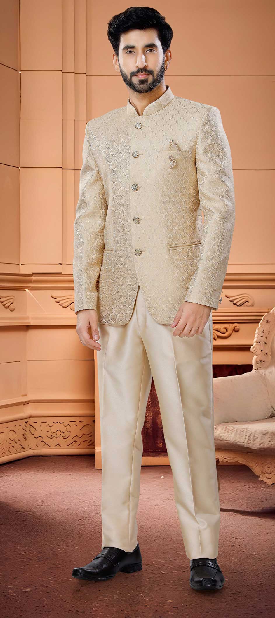Beige Readymade Rayon Bandhgala Jodhpuri Suit Latest 354MW06