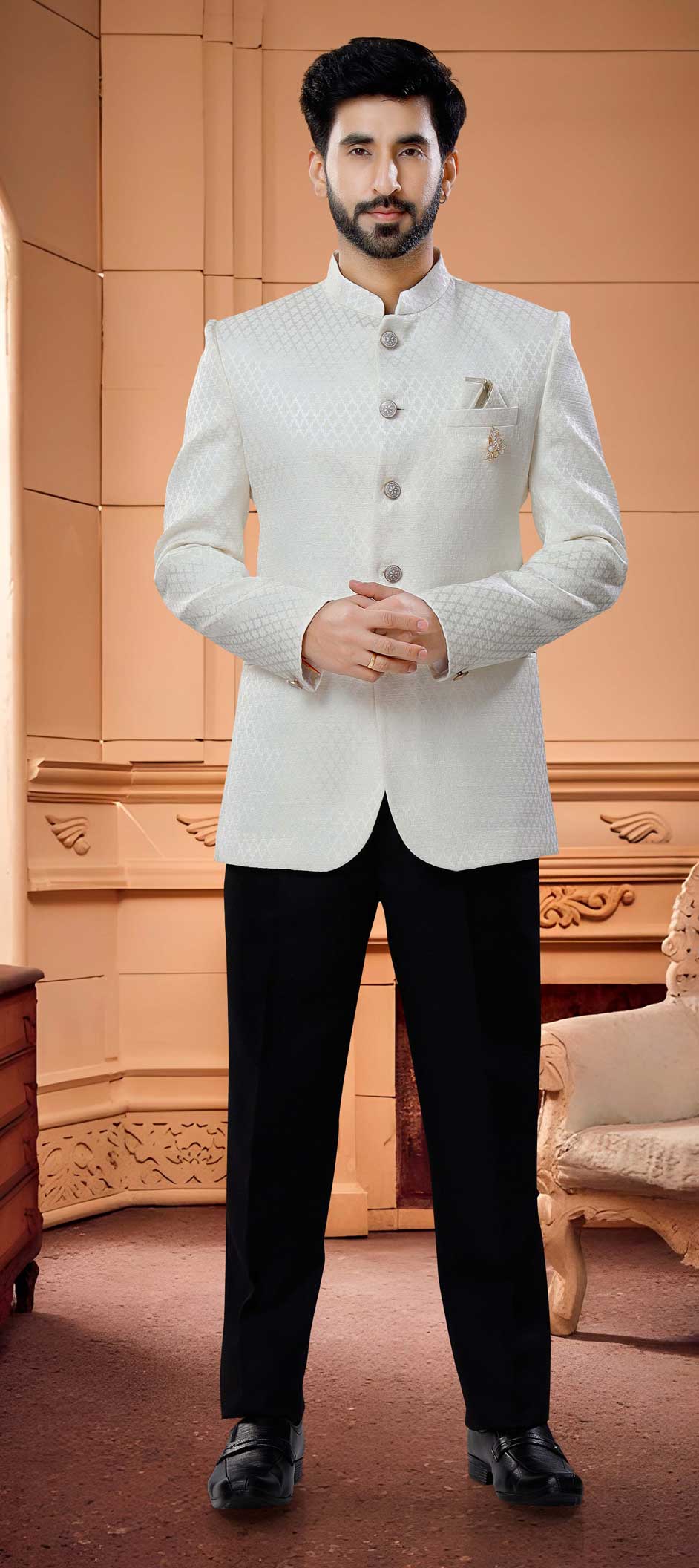Beige Jacquard Jodhpuri Suit For Men With Pashmina Dupatta main image 1
