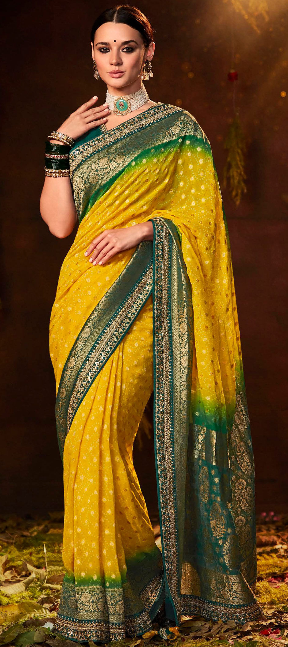 Vishal Prints Yellow And Rama Green Chiffon Saree With Floral Print An