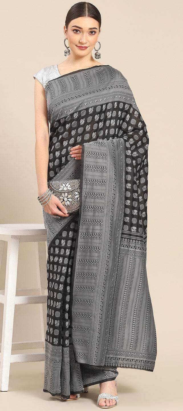 Black Cotton Saree with Grey Border | bongchong