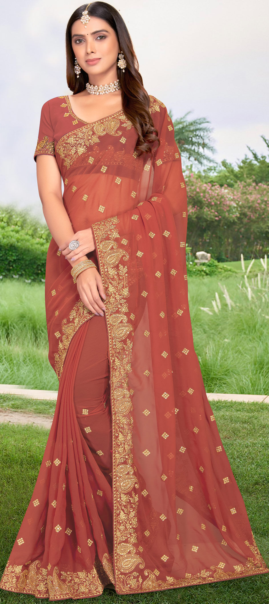 Banarasee Faux Georgette Saree With Silver Zari Buta & Border-Beige