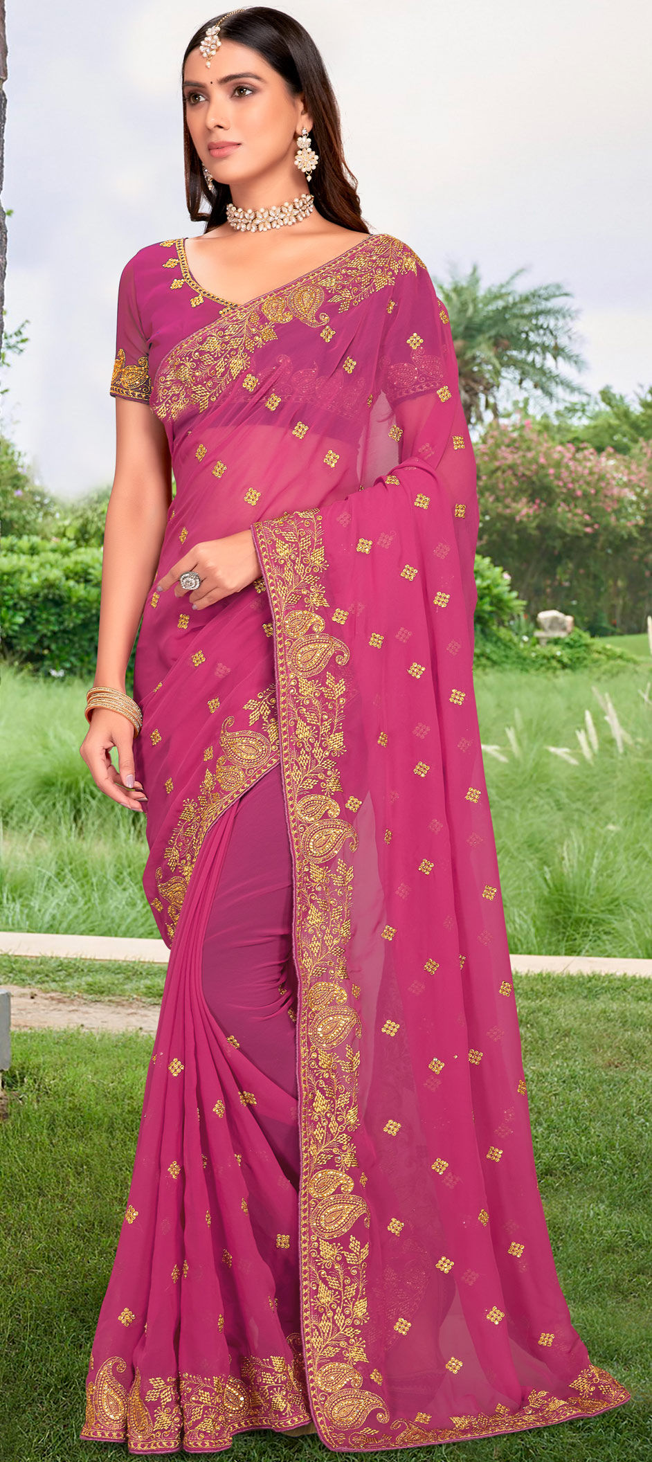 Buy Akhilam Womens Georgette Pink Zari Embroidered Designer Saree with  Unstitched Blouse online