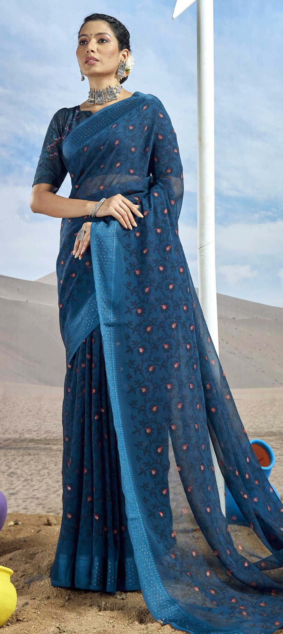 Party Wear Blue color fabric Saree 1843281
