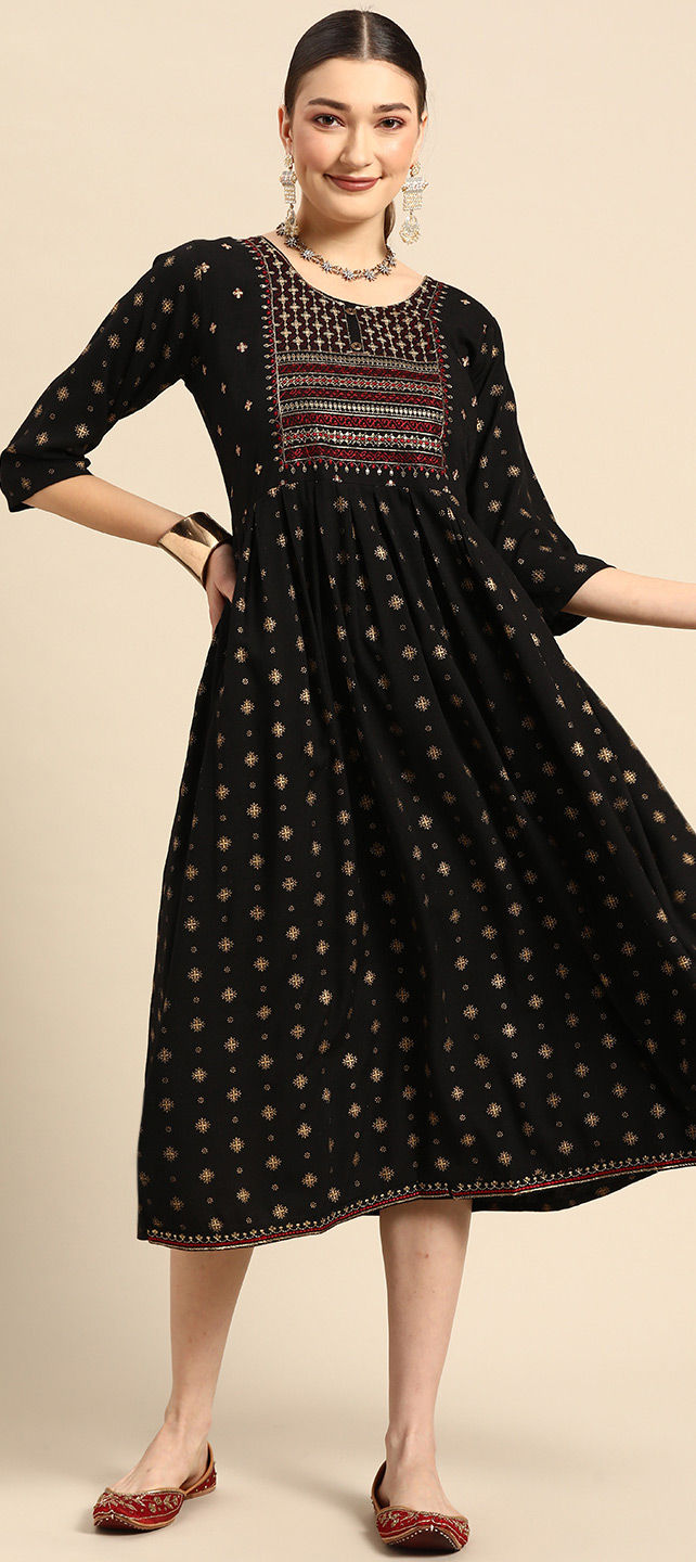 Party Wear Black and Grey color Rayon fabric Dress 1843922