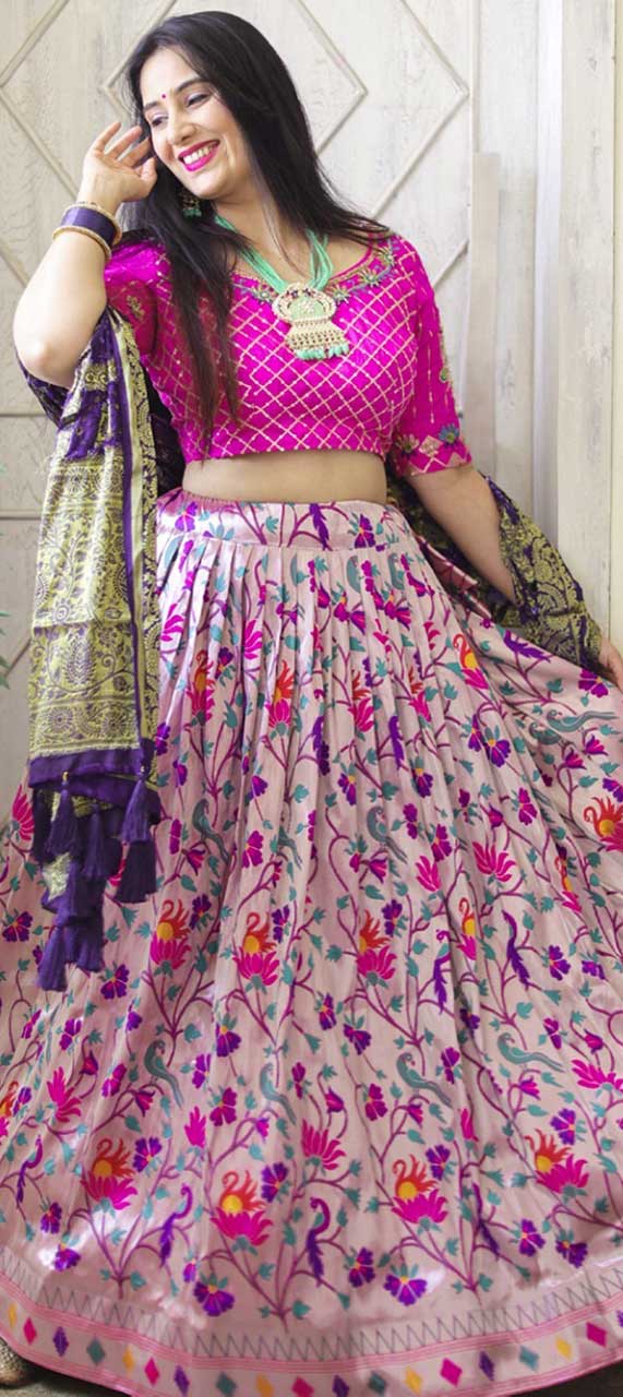 Purple Colour Jacquard Silk Lehenga With Pink Handloom Silk Choli And  Lirill Green Colour Net Dupatta - Nakkashi - 3226652