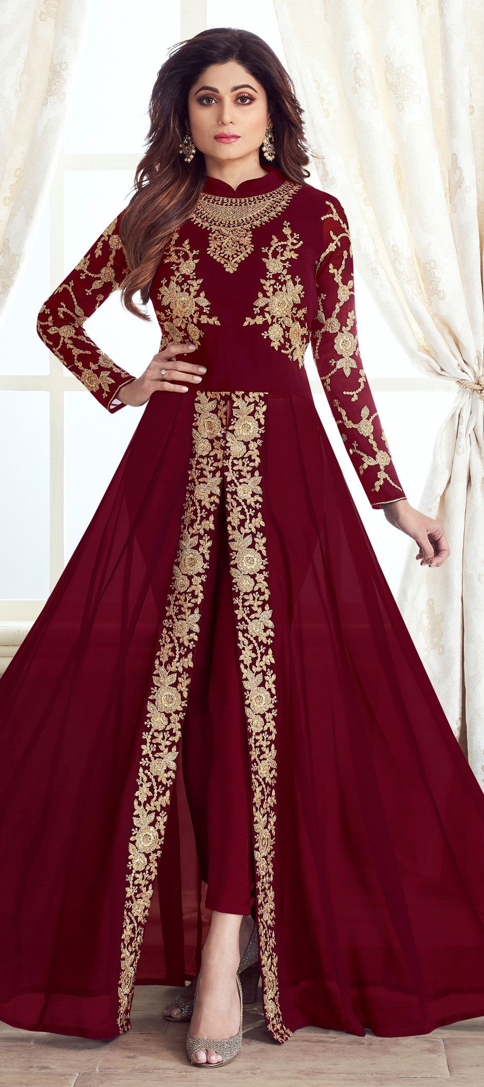 Festive, Party Wear Red and Maroon color Net fabric Salwar Kameez : 1858447