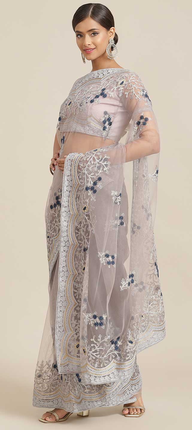Bridal Party Vintage Grey Premium Net Designer Saree main image 1