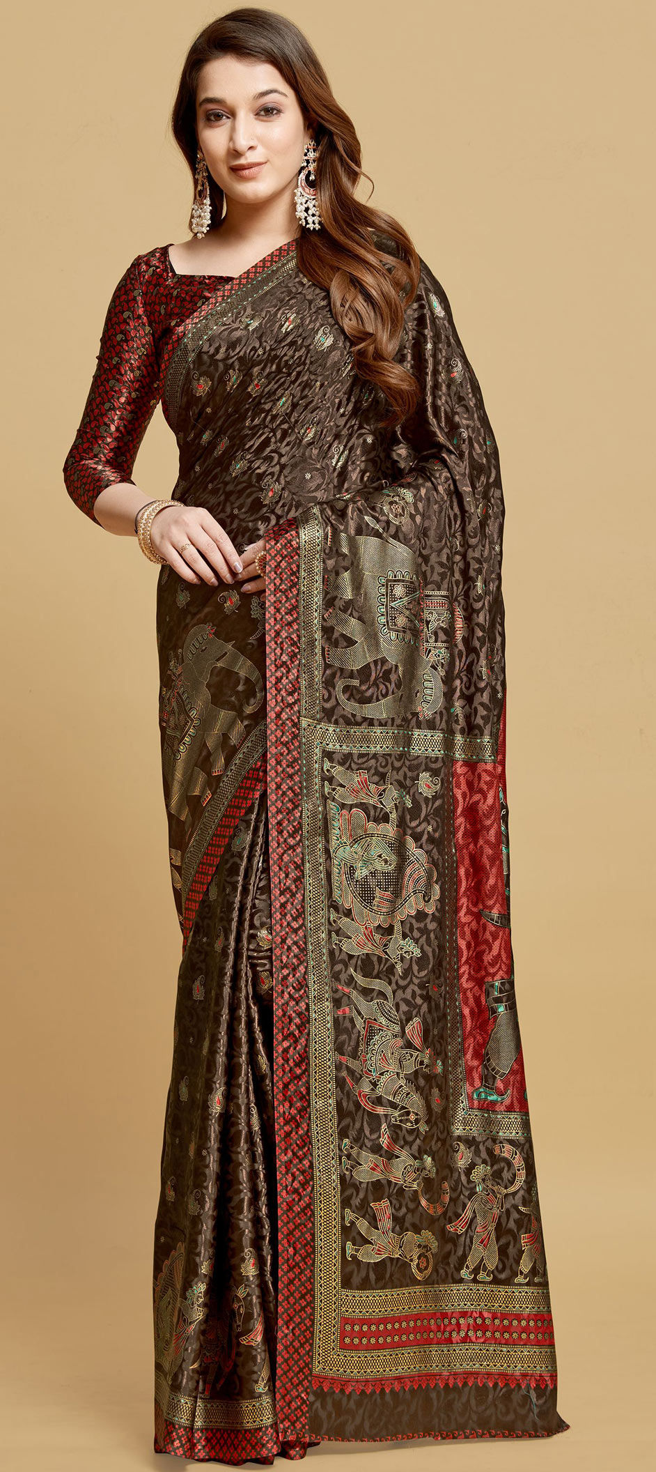 Brown Printed Soft Silk Saree - Urban Womania