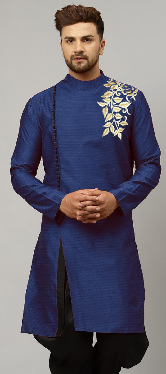 Green Blue Asymmetric Dupion Silk Ombre Kurta