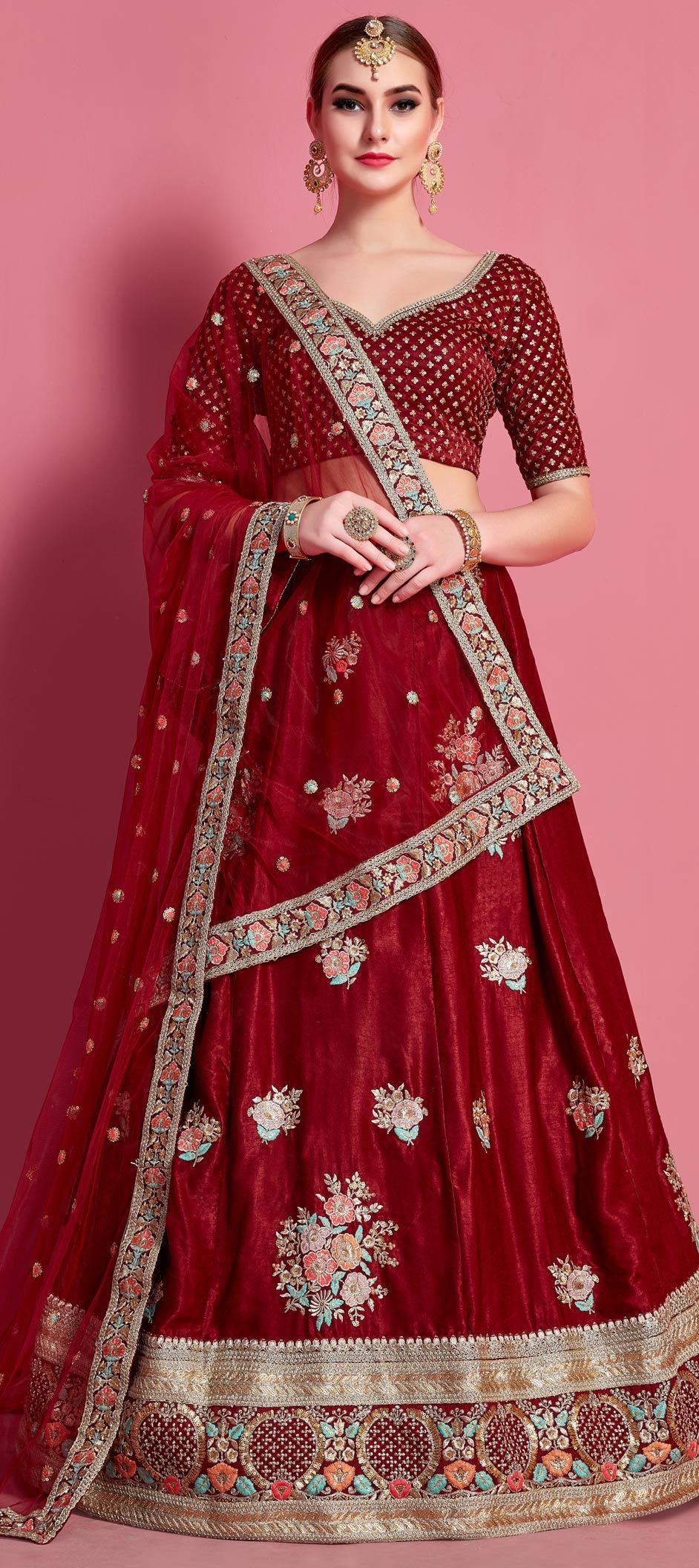 Wedding Red and Maroon color Semi Velvet fabric Lehenga 1849381