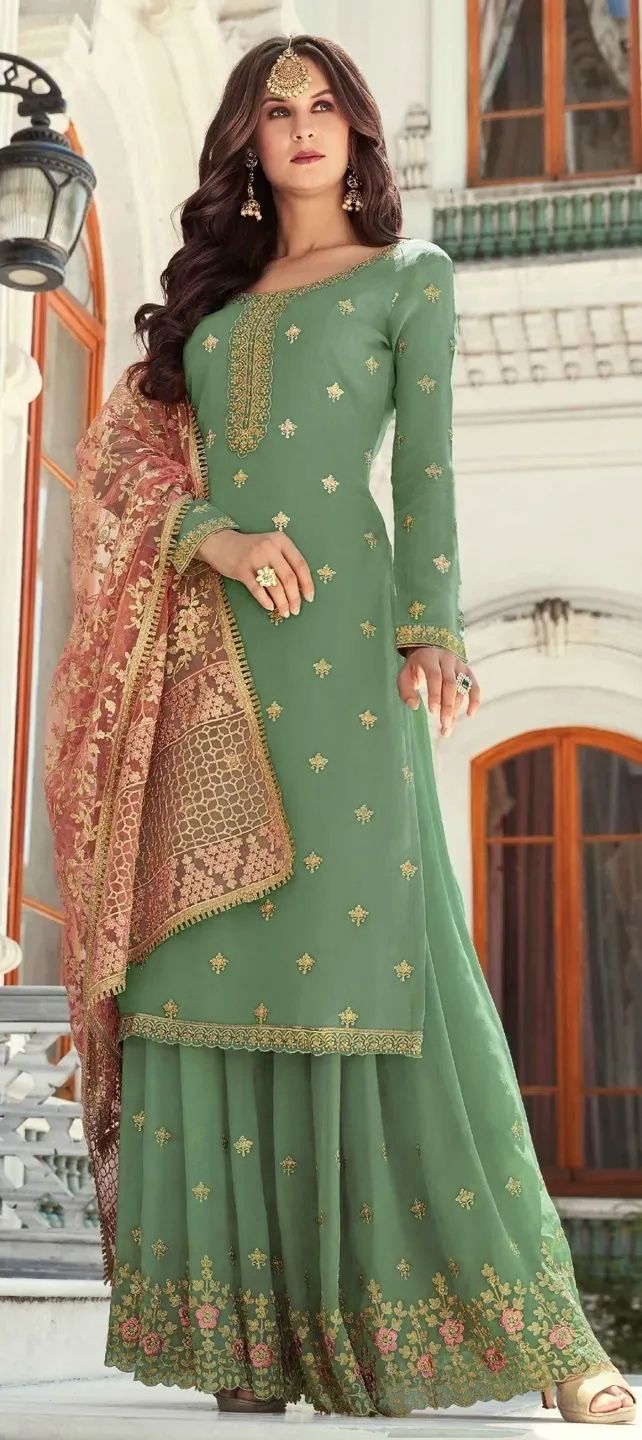 Mehendi Sangeet, Reception, Wedding Green color Georgette fabric Salwar ...