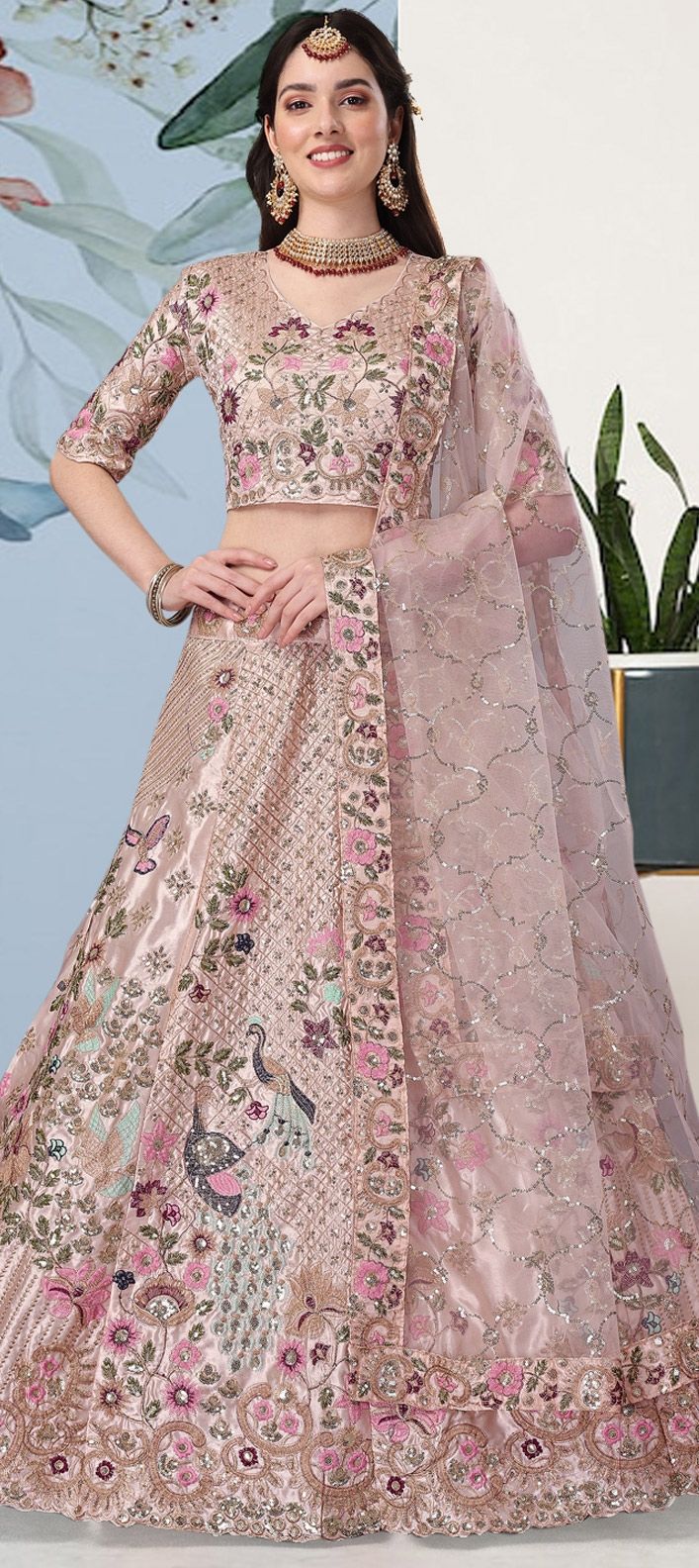 Engagement, Reception Beige and Brown color Satin Silk fabric Lehenga ...