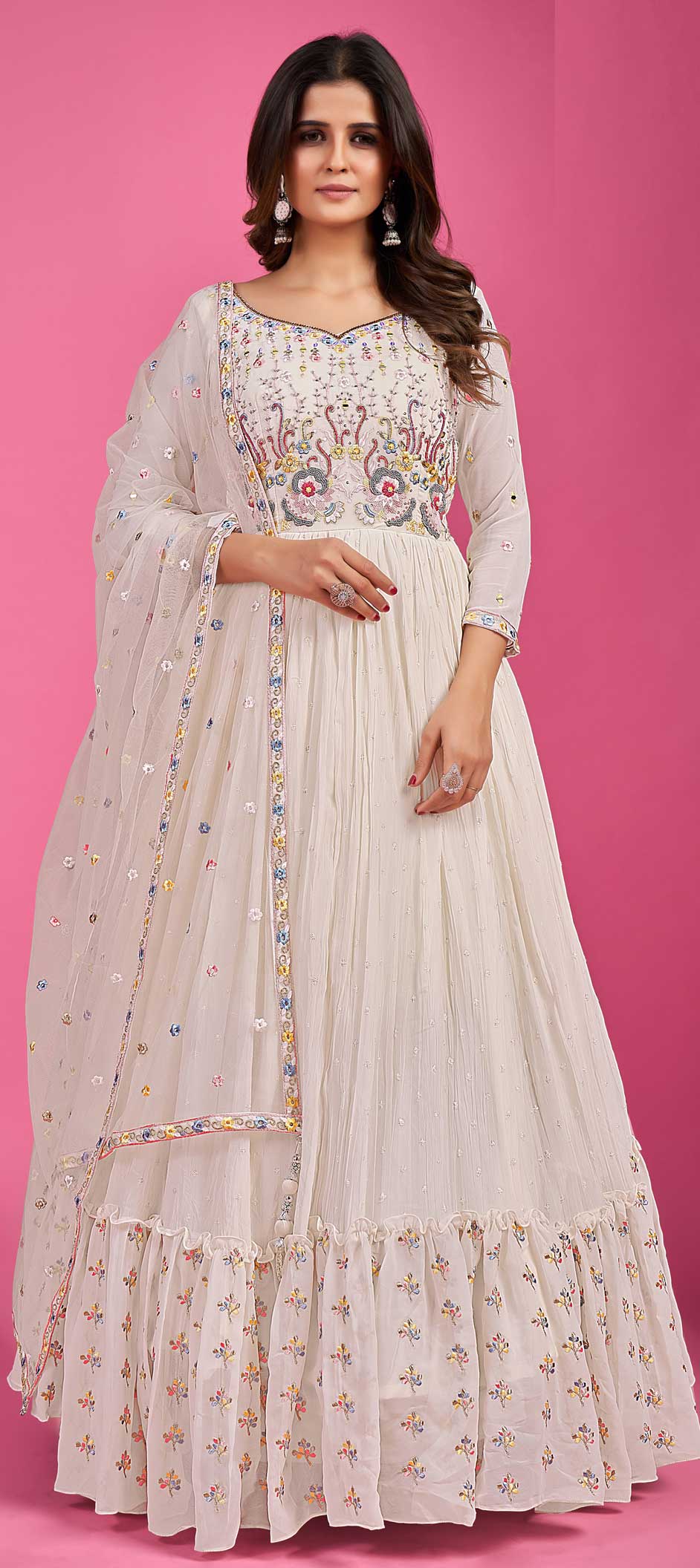 Party Wear White and Off White color Georgette fabric Gown : 1849778