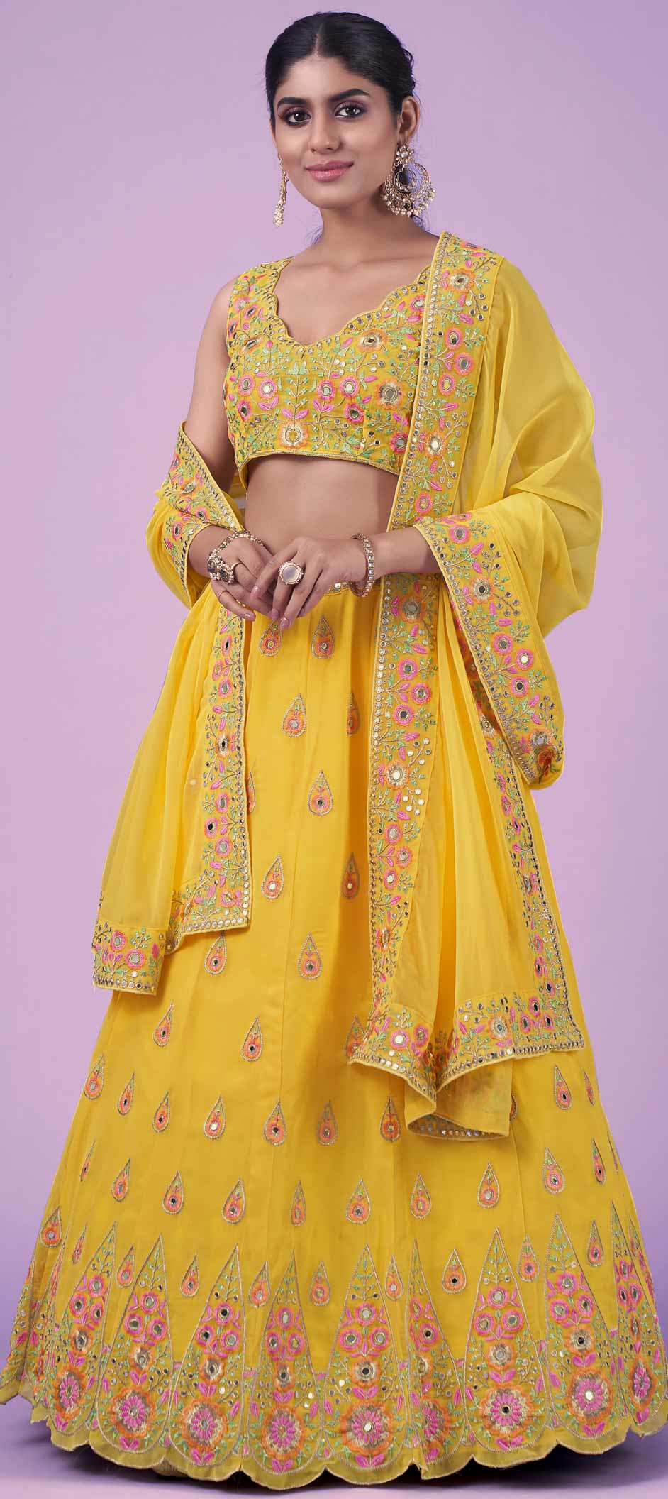 Yellow Lehenga with Multicolored Floral Prints in Georgette Fabrics