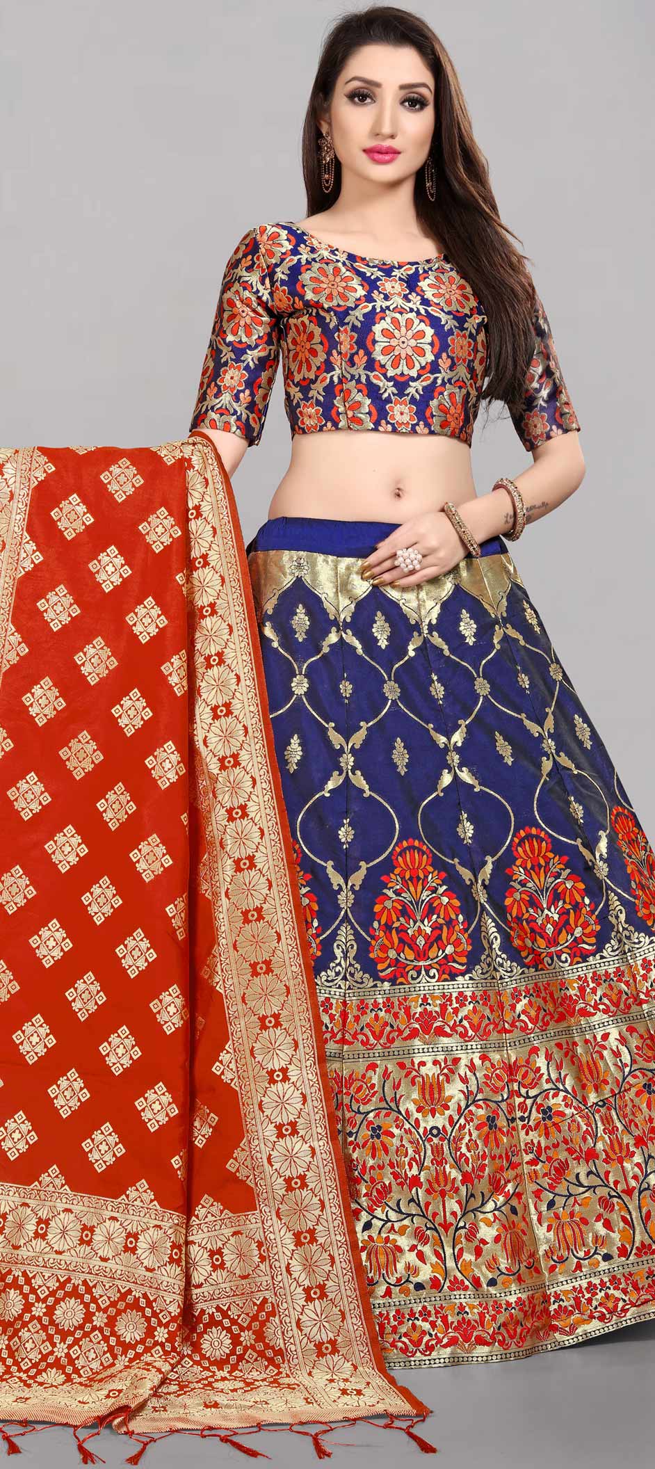 Lehenga Choli in Blue And Orange Color (£135) | Designer lehenga choli,  Lehenga choli, Silk lehenga