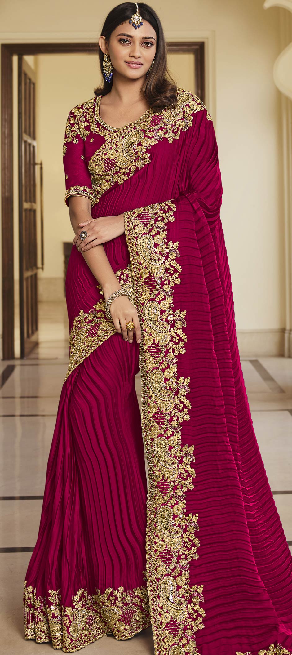 Red Silk Saree with Maroon Border main image 0