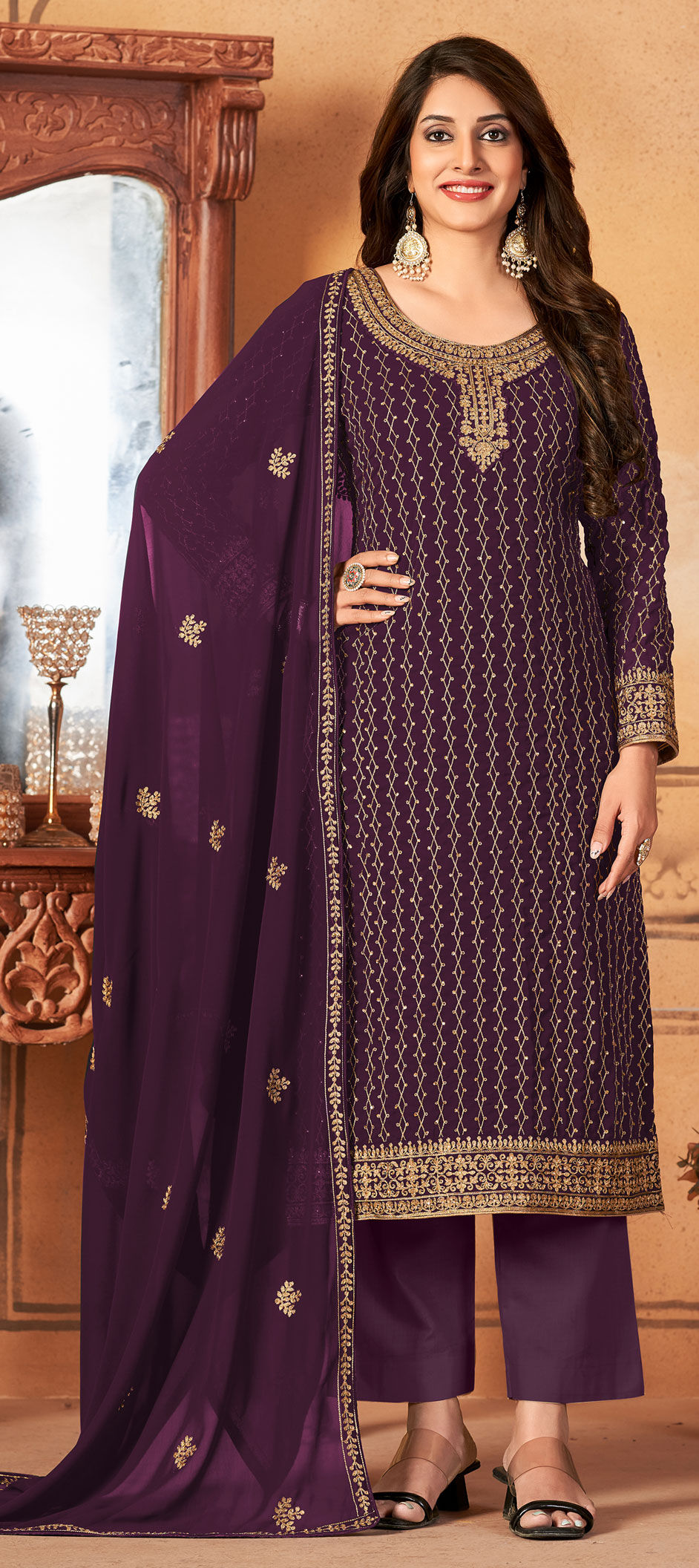 Heavy Embroidered Classy Purple Georgette Festive Salwar Suit