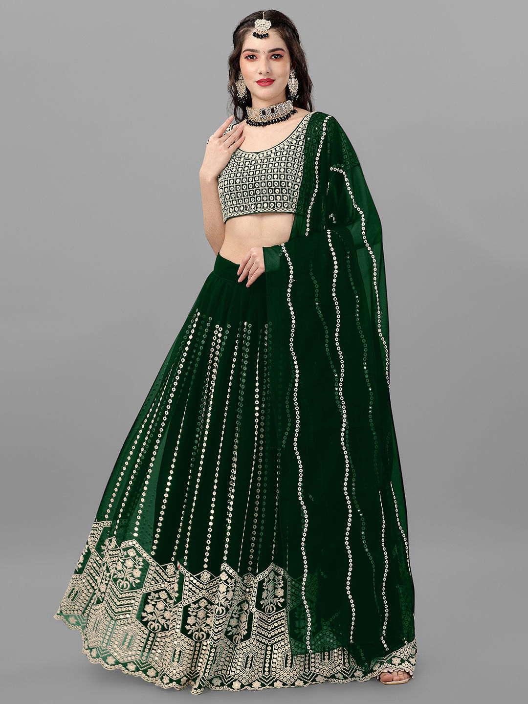 Green Blooming Faux Georgette Suit Lehenga