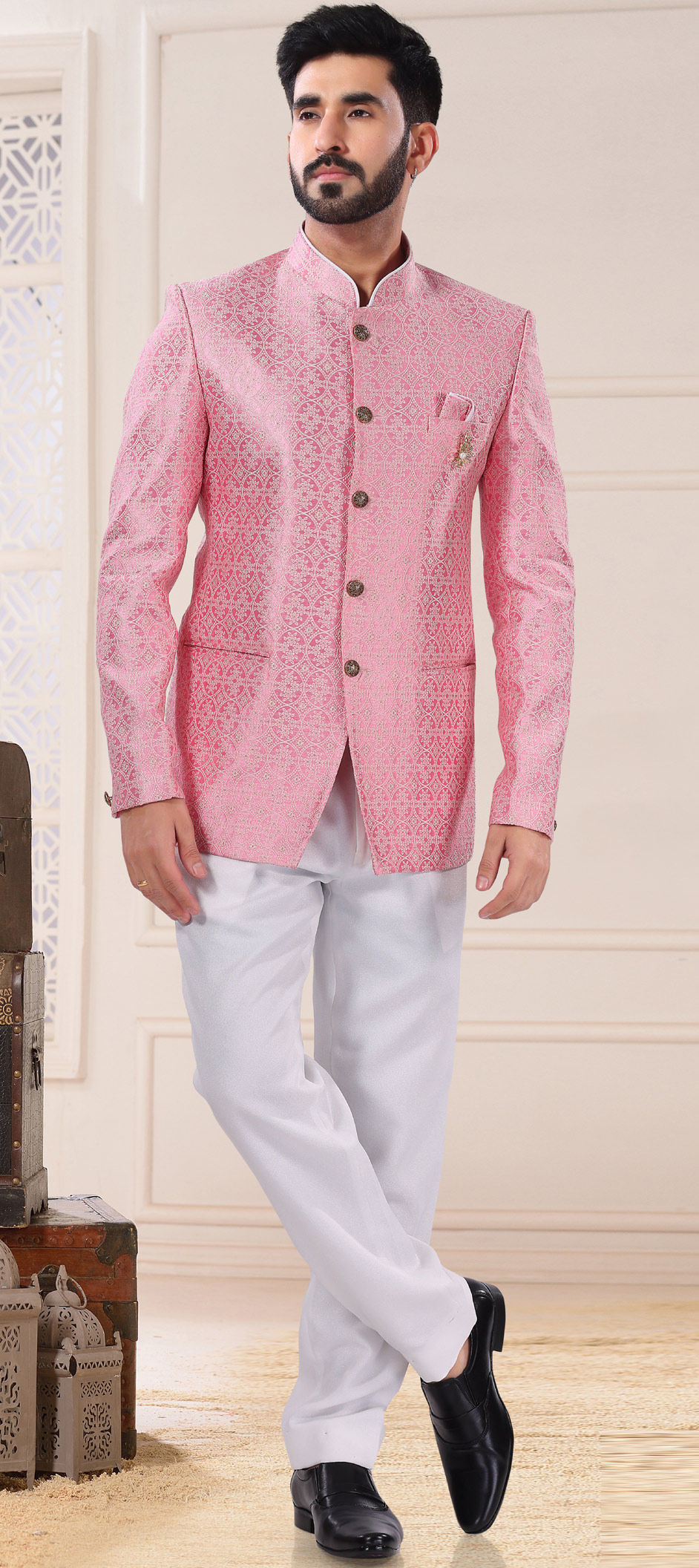 Pink and Majenta color Jacquard fabric Jodhpuri Suit : 1853258