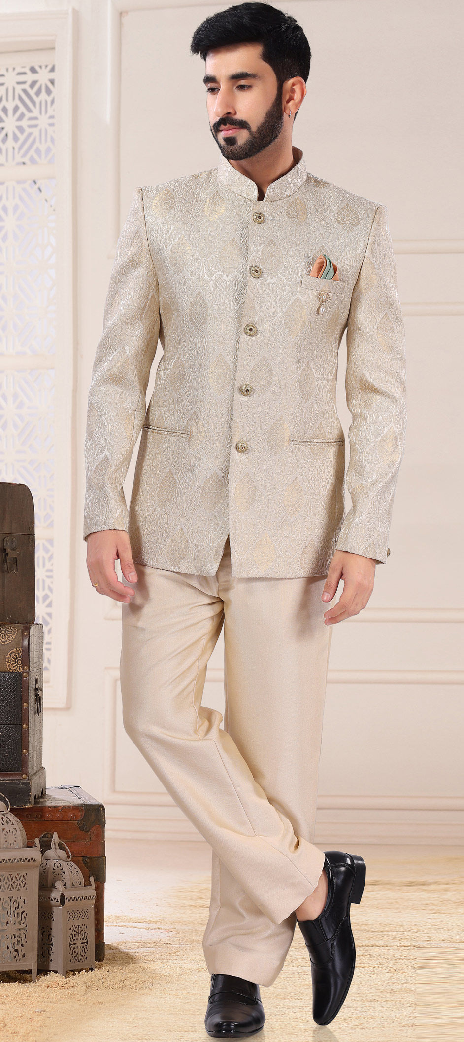 Gold color Jacquard fabric Jodhpuri Suit 1853260