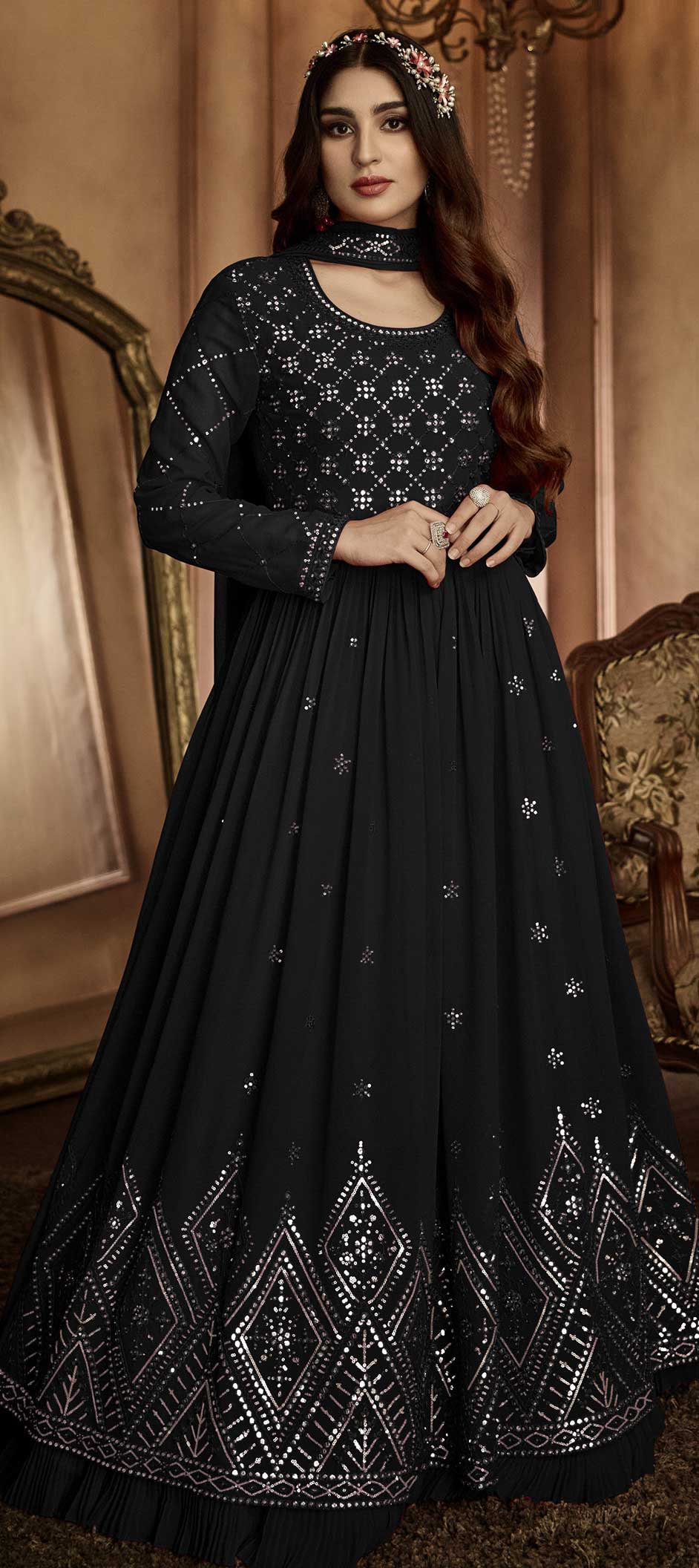 Mehendi Sangeet, Reception Black and Grey color Faux Georgette fabric Gown : 1853779 Mehendi Sangeet, Reception Black and Grey color Faux Georgette fabric Gown : 1853779