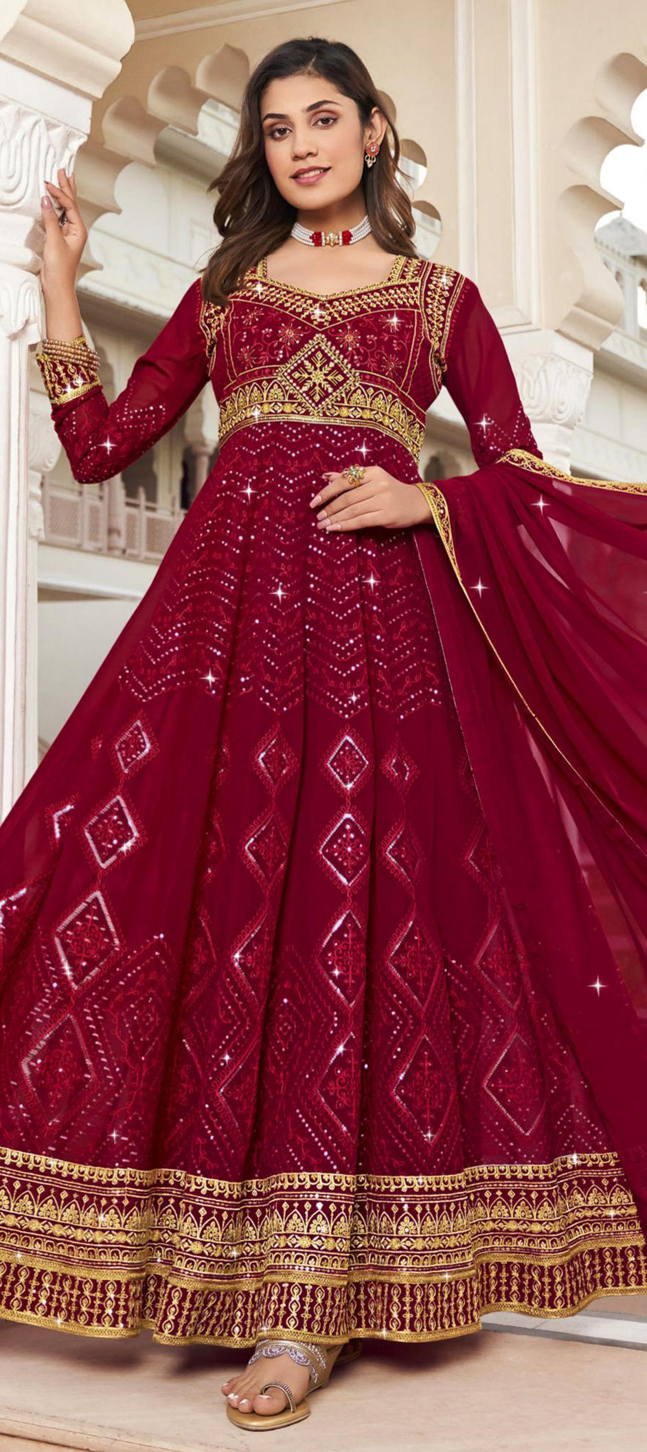 Festive, Party Wear Red and Maroon color Net fabric Salwar Kameez : 1858447