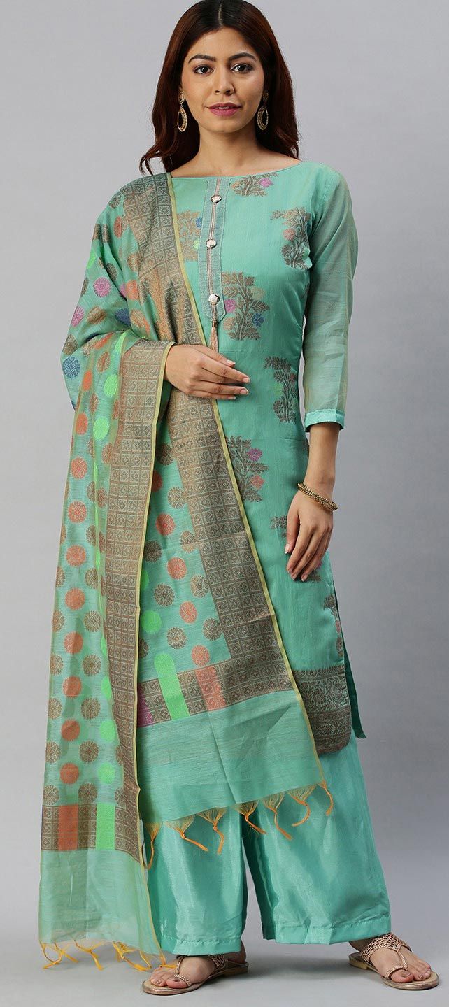 Traditional Party Wear Heavy Salwar Suit Sky Blue Banarasi Silk Pant Straight