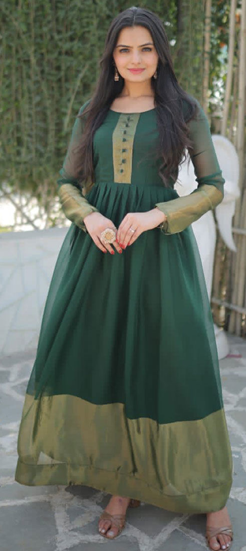 Bottle Green Chinon Party Wear Crushed Gown