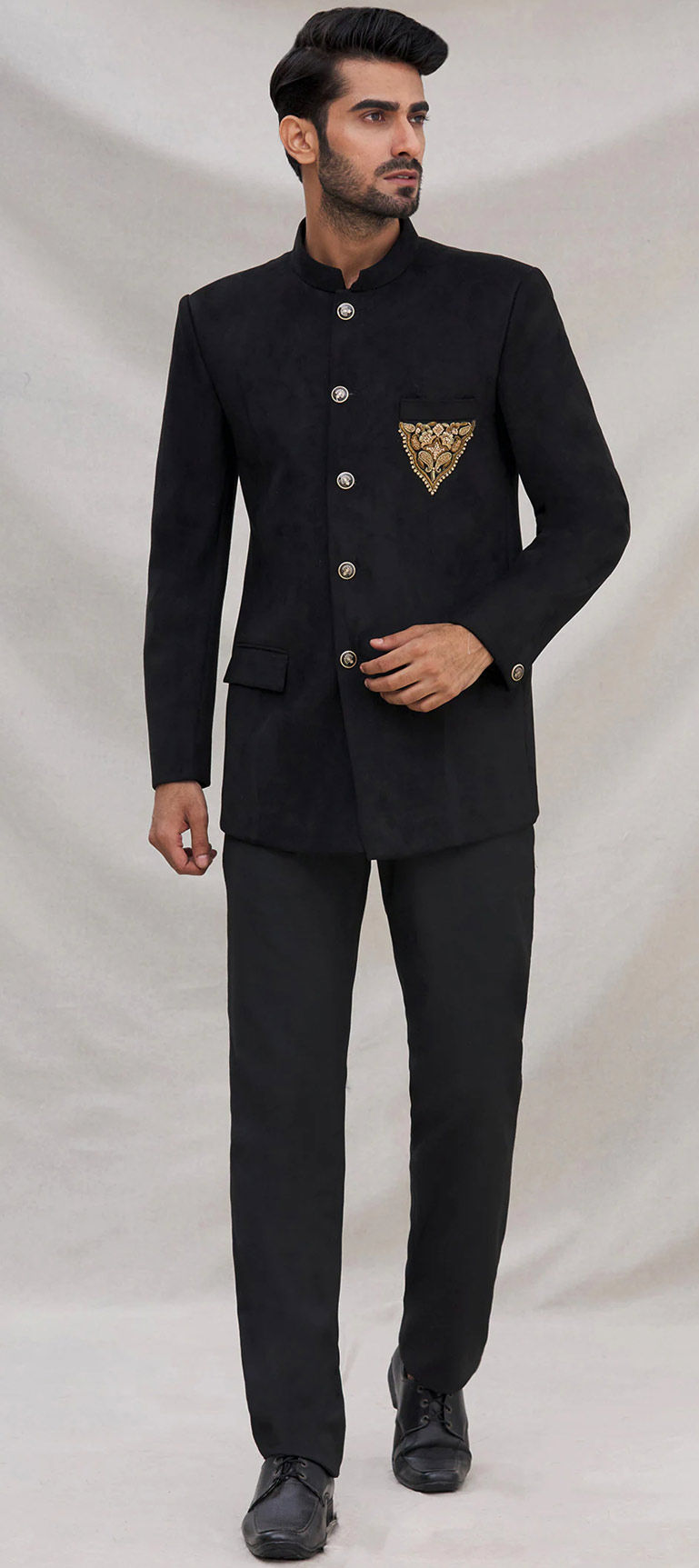 Black and Grey color Velvet fabric Jodhpuri Suit 1855450