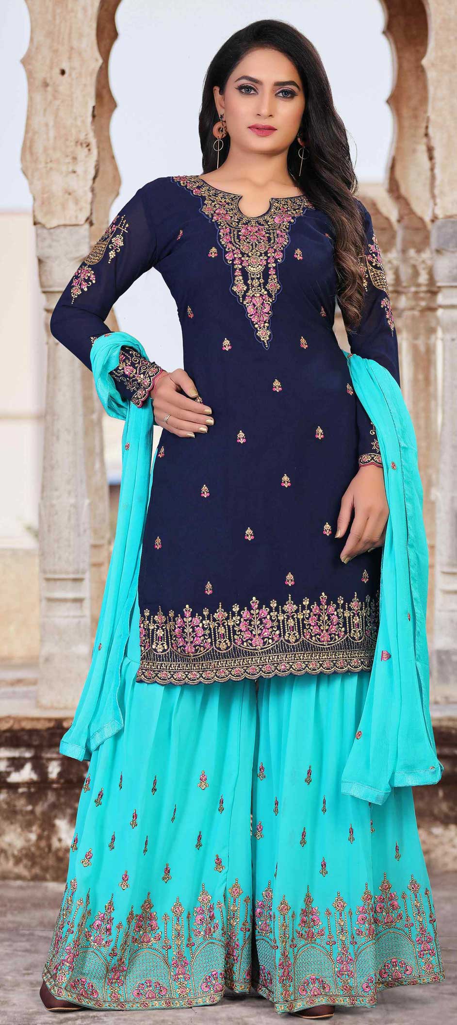 Nile Blue Palazzo style Salwar Kameez Faux Georgette main image 0