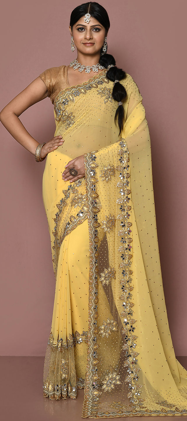 Bridal Wedding Yellow Color Georgette Fabric Saree 1855776 0509