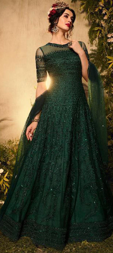 Sleek Lunar Green Net Heavy Designer Wedding Wear Net Salwar Suit With Lunar Green Net