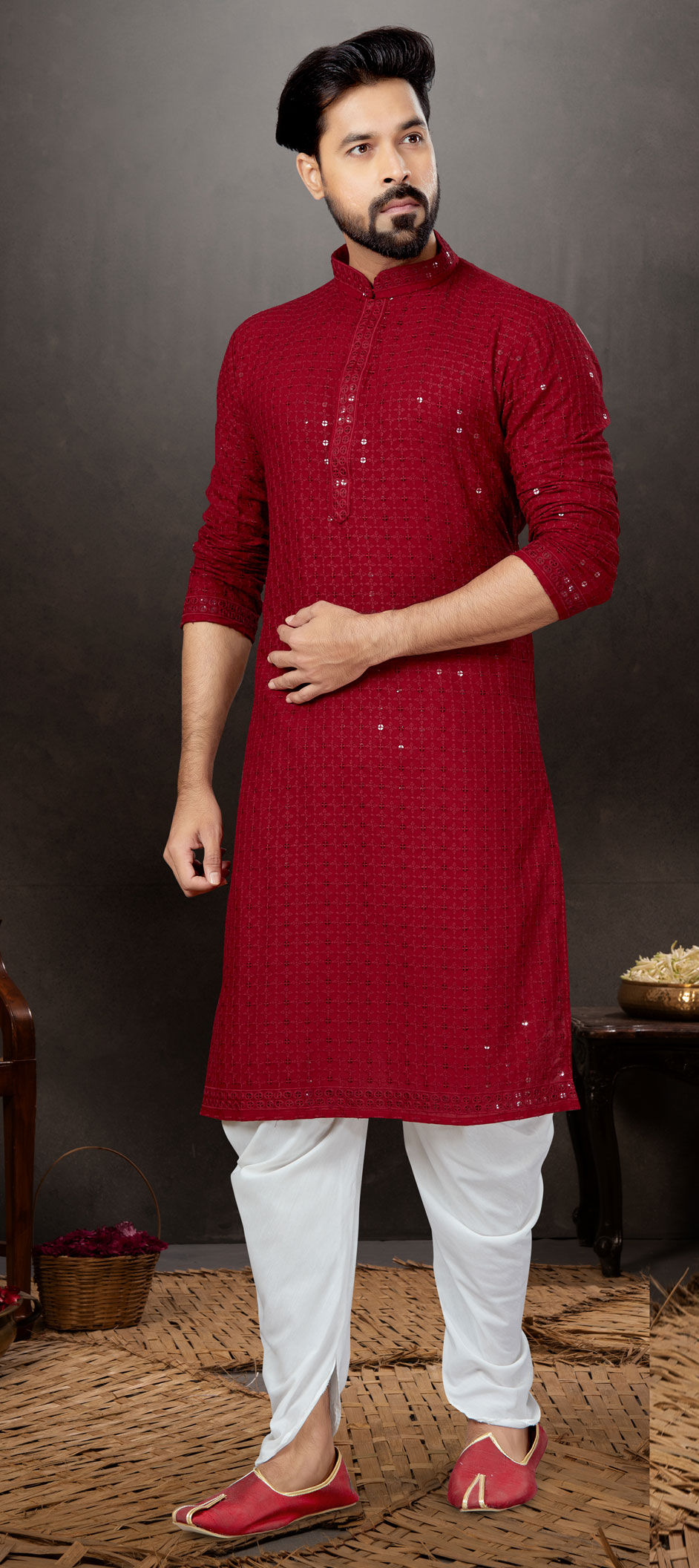 Red and Maroon color Rayon fabric Dhoti Kurta 1857206